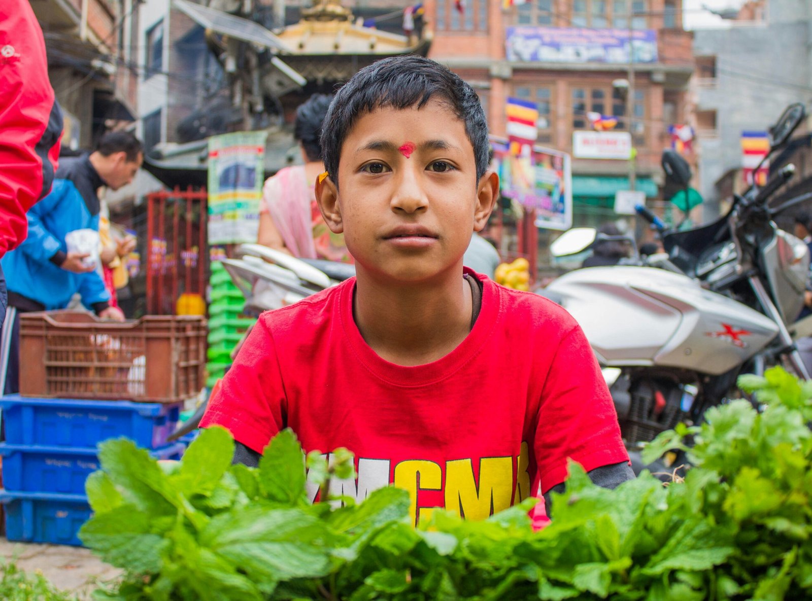 Young boy in red shirt at a market stall.